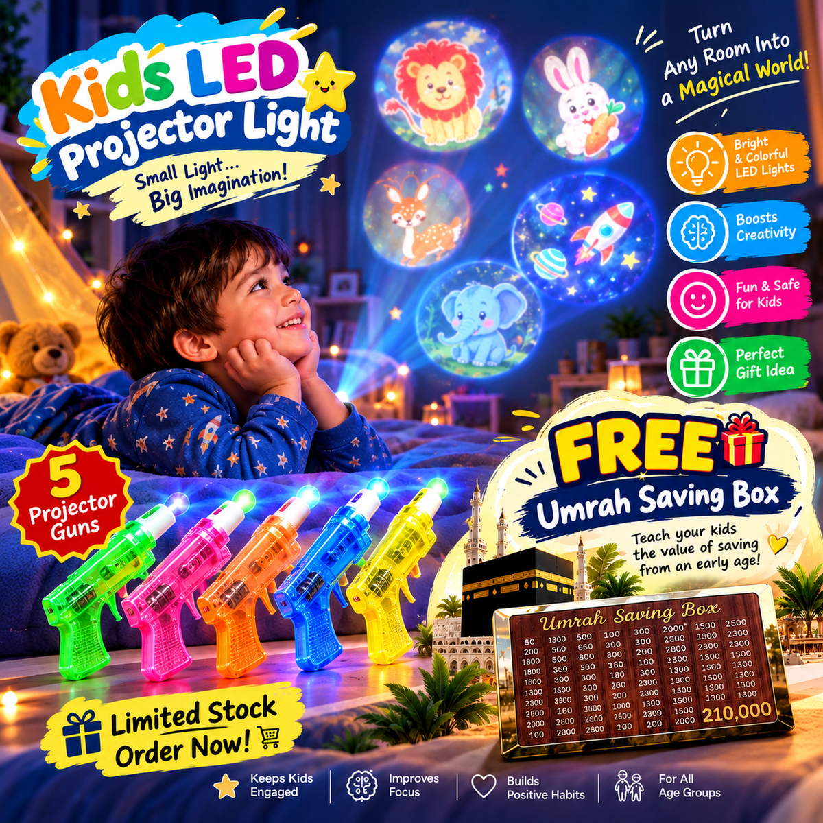 Kids Finger LED Projector Toy + FREE Umrah Saving Box 🎁